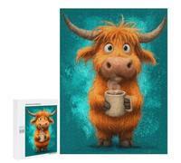 500 PCS Puzzles Cute Highland Cow with Coffee Mug Puzzles pour Adolescents : Amusants Et Humoristiques ! Chaque Pièce Est Unique - Jouets Éducatifs