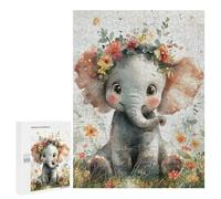 500 PCS Puzzles pour Adolescents Cute Elephant with Flower Crown Puzzles pour Adultes - Jeu Difficile Et Stimulant À Compléter - Jouets De Jeu Stimulants 500 PCS