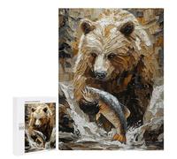 500 PCS Puzzles pour Adolescents Grizzly Bear Fishing in Dynamic Impasto Style Puzzles pour Adultes Jeux Relaxants Assemblage De Motifs Interaction Parent-Enfant 500 PCS