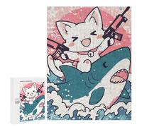 500 PCS Puzzles pour Adolescents Kawaii Cat Riding Shark with Guns Puzzle pour Adultes : Jeu De Rapidité Manuelle pour Anniversaire, Noël 500 PCS