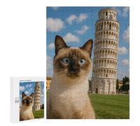 500 PCS Puzzles pour Adolescents Siamese Cat with Leaning Tower Puzzle, Jouet, Décoration Murale, Difficile, Original, Cadeaux d'anniversaire Et De Noël 500 PCS