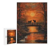 500 PCS Puzzles pour Adultes Cows in Autumn Sunset Bridge Analyse Et Logique du Jeu De Puzzle Familial Interaction Parent-Enfant 500 PCS