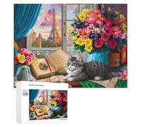500 PCS Puzzles pour Adultes Puzzle Parisian Window with Flowers and Cat Jeux Relaxants Puzzle Une Œuvre d'art Cadeaux De Noël Et d'anniversaire 500 PCS