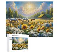 500 PCS Puzzles pour Adultes Puzzle Sunflower Field with Horses Jeux Relaxants Puzzle Une Œuvre d'art Cadeaux De Noël Et d'anniversaire 500 PCS