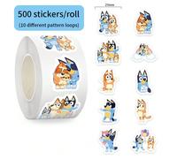 500 pièces Autocollants rouleau Bluey Anime Bandes dessinées drôles Autocollants récompense pour enfants Décoration pour ordinateur portable, téléphone, guitare, skateboard, jouets pour enfants Taille