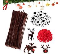 500 Pièces Fils chenilles Set, Tiges de Chenille de Noël Avec Bring Pompons Rouges,Yeux Auto-Adhésifs,Cure Pipes Marron Pour Bricolage de Noël Fait à La Main
