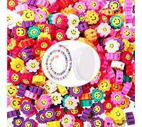 500 Pieces Sun Flower Smile Face Beads Mixed Polymer Clay Beads Happy Face Beads 400 Pieces Flat Round Clay Beads Happy Face Beads with Crystal Stretch Cords for DIY Bracelet Earring Necklace