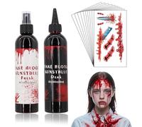 500ml Faux Sang + 10 Feuilles Tatouage Halloween pour Maquillage Halloween, Fake Blood pour Vampire, Clown, Zombie, Tatouage Halloween Enfant Adulte, Maquillage de Théâtre, Carnaval, Cosplay