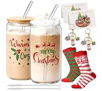 500ml Verres à Eau de Noel, Verre à Boire Avec Couvercles et Paille en Motif de Père Noël, avec porte-clés chaussette et carte d'invitation Pour Bubble Tea,Smoothie, Cadeau pour Femmes,Mères,Amies