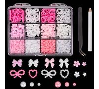 500pcs Breloques Ongles 3D, Multi-Formes Decoration Noud Ongle Cour d'Amour Fleur Decoration Ongle Perle Résine Charmes Ongles avec Outil de Ramassage pour Femmes Filles (Blanc, Rose)