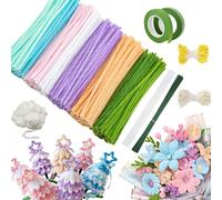 500pcs Kit Bouquet Cure Pipe Chenille, Fleurs Fil Chenille, avec Floratape et Tige Fleur Artificielle, Adapté aux Fournitures de Bouquet de Fleurs et de Décoration DIY, (Couleurs macarons, 7 teintes)
