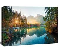 5065 Toile murale panoramique XXL 120 x 80 cm Motif nature lac montagnes coucher de soleil - Impression sur toile prête à accrocher pour salon, bureau, chambre à coucher