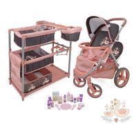 509 Crew 17 Piece Deluxe Twin Doll Play Set, Doll Tandem Stroller, Sleep and Feed Play Station, 15 Piece Feed and Care Accessories, for Two Dolls Play Set, Ages 3+