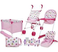 509 Crew 21 Piece Doll Stroll n Play & Care Combo Set, Doll Stroller, Doll Playard, Doll High Chair Set, Carry Cot, Diaper Bag, Feeding and Grooming Accessories, Ages 3+