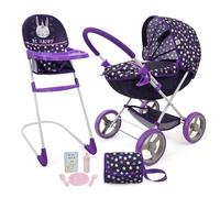 509 Crew Doll Pram n Feed 8 Piece Combo Play Set, Classic Doll Pram, Doll High Chair, Diaper Bag, 5 Piece Feeding Toys, for Dolls 46cm, Pretend Play for Kids Ages 3+