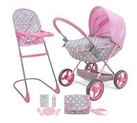 509 Crew Doll Pram n Feed 8 Piece Combo Play Set, Classic Doll Pram, Doll High Chair, Diaper Bag, 5 Piece Feeding Toys, for Dolls 46cm, Pretend Play for Kids Ages 3+