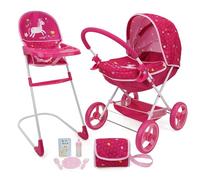 509 Crew Doll Pram n Feed 8 Piece Combo Play Set, Classic Doll Pram, Doll High Chair, Diaper Bag, 5 Piece Feeding Toys, for Dolls 46cm, Pretend Play for Kids Ages 3+