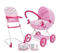509 Crew Doll Pram n Feed 8 Piece Combo Play Set, Classic Doll Pram, Doll High Chair, Diaper Bag, 5 Piece Feeding Toys, for Dolls 46cm, Pretend Play for Kids Ages 3+