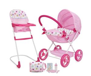509 Crew Doll Pram n Feed 8 Piece Combo Play Set, Classic Doll Pram, Doll High Chair, Diaper Bag, 5 Piece Feeding Toys, for Dolls 46cm, Pretend Play for Kids Ages 3+