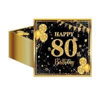 50PCS Serviettes de 80ème Anniversaire, 33 x 33 cm Serviettes de Cocktail Noires et Dorées Serviettes de Fête pour Hommes Femmes Fournitures pour Décoration d'Anniversaire de Mariage
