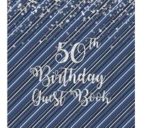 50th Birthday Navy Blue Stripe Guest Book: Silver Glitter on Navy Blue Stripe Guest Book with Gift Log