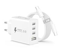50W 4-Port Chargeur USB C Prise Adaptateur Secteur avec Cable USBC 2M | Multiprise USB avec 2M Câble USB-C Nylon Tressé Charge Rapide pour iPhone 18/17/16/15, Samsung S26/S25/S24/S23, Xiaomi