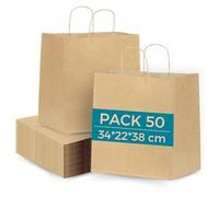 50x Sac en Papier Kraft 34x22x38 cm avec Poignées | Sac Grand Take Away : Sachet Alimentaire pour Emporter | Sac Cadeau pour Noël