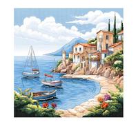51buyoutgo Canevas Broderie Point de Croix Kit Complet Adulte Debutant Compté Pré Imprimé Estampillé Moderne Débutant avec Fils, Facile Paysage de Baie 11ct Cross Stitch Loisirs Créatifs Set 40x40 CM