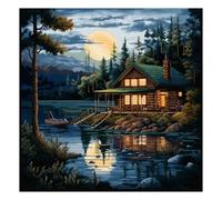 51buyoutgo Canevas Point de Croix Broderie Kit Complet Adulte Debutant Compté Pré Imprimé Estampillé Moderne Débutant avec Fils, Facile Maison du Lac 11ct Cross Stitch Loisirs Créatifs Set