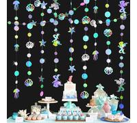 52 Pieds Guirlande Sirene, 4 Pièces 4m Guirlande Anniversaire Sirène, Décoration en Papier Paillettes avec Sirène Méduse Coquillage Etoile de Mer, pour Sirene Fête Anniversaire