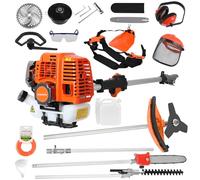 52cc 2-Temps, Coupe-Bordure à Essence avec Harnais Dorsal, 8500rpm/2.2KW, Tête de Coupe 28cm + Lame 3-Dents, Anti-Vibration (ABS+Métal) pour Jardin, Haies, Clôtures (Rouge 5 en 1)