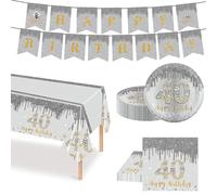 52Pcs Kit Vaisselle Anniversaire 40 Ans, Argent Or Vaisselle de Fête, Papier Assiette Jetable Serviette Nappe Bannières pour 40 Ans Anniversaire Homme Femme Fête Mariages Décorations 16 Invités