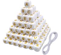 52pcs Silicone Alphabet Letter Beads For Bracelets Cube 12 Mm Alphabet Square Beads Large Hole White With Gold Letters A To Z For Diy Jewellery Making Necklace Costume Key Ring