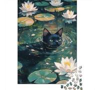 52x38cm/1000pcs, Puzzle Image 1000 Pièces, Black Cat in Water Lilies_2