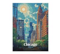 52x38cm/1000pcs Puzzle pour Adolescents Chicago Cityscape Illustration Puzzles pour Adultes - Jouets À Monter Soi-même - Défi Difficile - Cadeaux Uniques pour Anniversaire Et Noël 52x38cm/1000pcs
