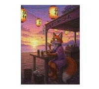 52x38cm/1000pcs Puzzles pour Adolescents Fox Eating Ramen at Sunset Puzzles pour Adultes - Jeu Manuel - Assemblage De Motifs - Cadeaux d'anniversaire Uniques 52x38cm/1000pcs