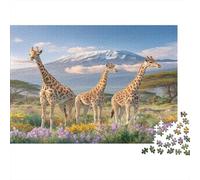 52x38cm/1000pcs Three Giraffes on The Grassland, Snow-Capped Mountains Jigsaw Puzzles À Faire Soi-même pour Adultes