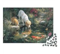 52x38cm/1000pcs Un Chien et Un Chat Buvant Ensemble au Bord d'un Bassin de carpes koï Jigsaw Puzzles À Faire Soi-même pour Adultes