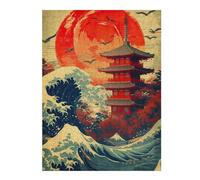 52x38cm/1000pcsPuzzles pour Adolescents Japanese Wave Red Moon Puzzle pour Adultes, Jeu De Réflexion, Cadeau pour Femmes, Défi Éducatif 52x38cm/1000pcs