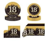 53 Pièces Ensemble De Vaisselle D'Anniversaire En Or Noir, Nappe Et Serviettes En Papier Pour 18e Anniversaire - Fournitures De Fête Pour Hommes Et Femmes