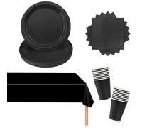 53 Pièces Vaisselle de Fête Noir,Ensemble de Vaisselle en Papier Assiettes à Dessert,Serviettes en Papier et Gobelets,Nappes,Fournitures Décorations de Table Fête Lot de 3 nappes rectangulaires
