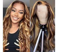 55 cm Perruque de cheveux humains ombrés avec dentelle frontale 4/27 avec mèches blond miel 33 x 10,2 cm HD transparent avec dentelle - Perruque pré-épilée pour femme - Densité de 150