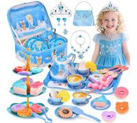 55 Pcs Service à Thé pour Enfants avec Etui de Transport,Tea Party Jeux de Rôle pour Filles 3 à 8 Ans,Jouet de Cuisine Faisant Semblant Comprend une Couronne,un Collier en Cinq Pièces et un Sac à Main