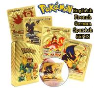 55 pièces Carte Pokémon avec dorure or, cadeau d'anniversaire en anglais, français, allemand, espagnol, or, noir, argent Couleur anglaise 55PCS,Noir allemand 55PCS,Anglais-Coloré-55PCS,Or allemand 55