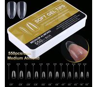 550 pièces Autocollants de gel transparent doux de forme amande moyenne, 9 tailles, bandes d'ongles en gel acrylique à couverture intégrale, autocollants d'extension d'ongles en amande, avec boîte de 