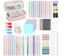 56 Pcs Fournitures Scolaires Avec Pochette À Stylos,Set De Papeterie Pour Étudiants,12 Stylos Gel,12 Surligneurs Pastel,6 Porte-Mines 0,5/0,7mm,Onglets Pour Notes Autocollantes (Rose)