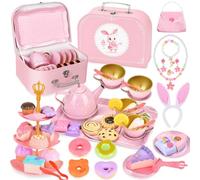 56 Pcs Service à Thé pour Enfants, Tea Party Jeux de Rôle pour Filles 3 à 8 Ans, Jouet de Cuisine Faisant Semblant Comprend des Accessoires pour Cheveux en Forme d'oreilles de Lapin, Colliers