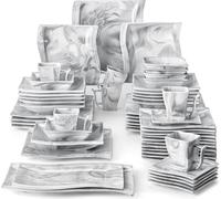 56 pcs. Set de vaisselle en porcelaine, service combiné en marbre, service de table avec bols, tasses, soucoupes, assiettes à dessert, assiettes à soupe, assiettes plates et plat
