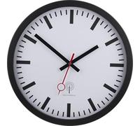 56861-05-Eurotime Horloge murale radio-pilotée avec aiguille des secondes de la gare, 40 cm de diamètre, boîtier en métal et verre véritable, cadran de gare et jeu d'aiguilles noires