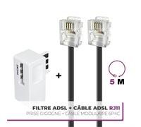 570838 - doux et flexible Cordon ADSL Rj11 Mâle/Mâle de couleur Noir 5 M + Filtre Adsl Blanc - pour relier à un boîtier ou un modem ADSL